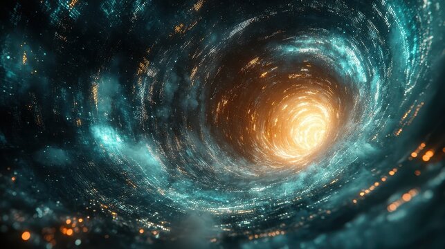 Abstract Digital Data Stream Vortex with Glowing Golden Core and Dark Teal Matrix.