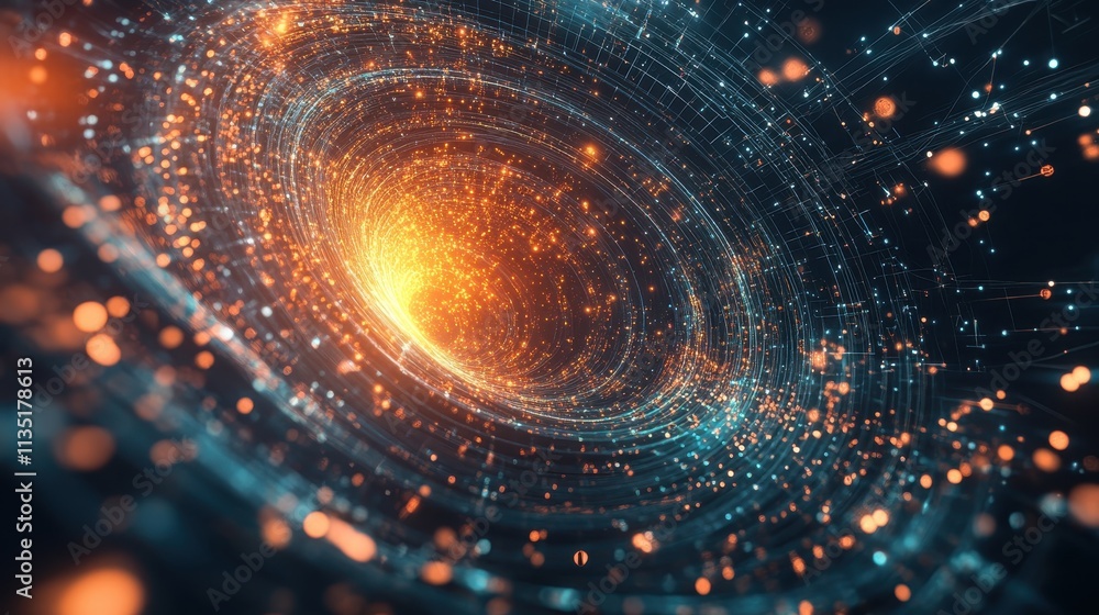 Poster abstract swirling vortex of light and data futuristic technology background with orange and teal ene