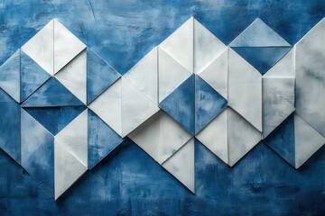 geometric composition, blue background, layered white transparent textures, triangles, diamonds, squares, random arrangement