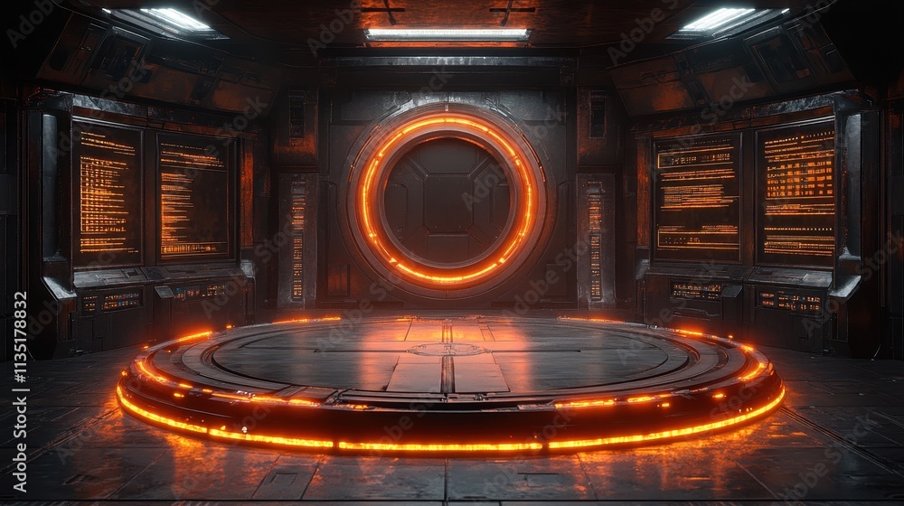 Poster Futuristic Sci-Fi Spaceship Interior with Illuminated Circular Platform and Digital Displays - 3D Render