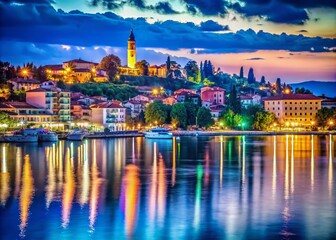 Stunning Night Photography of Portoroz, Slovenia Showcasing the Vibrant Seafront, Illuminated Buildings, and Tranquil Waters, Perfect for Travel Enthusiasts and Photographers