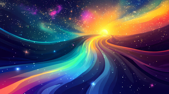 A vibrant cosmic journey with a sun, rainbow path, and starry galaxy. Parhelion. Illustration