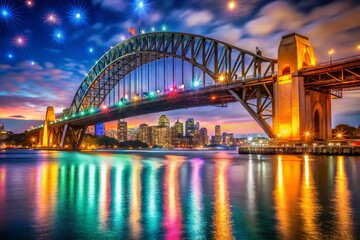 Fototapeta premium Stunning Night View of Sydney Bridge with Bokeh Lights Creating a Dreamy Atmosphere Perfect for Travel Photography and Urban Landscapes, Showcasing the Beauty of Australia's Iconic Landmark