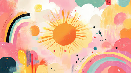 Fototapeta premium A whimsical illustration featuring a sun, rainbow, and abstract shapes on a pink background. Parhelion. Illustration