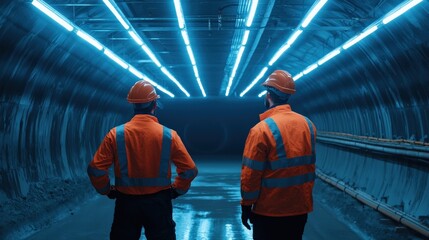 Two construction workers wearing safety gear inspecting a tunnel under a futuristic blue neon glow