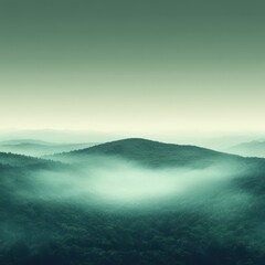 Naklejka premium Serene Foggy Mountain Landscape in Teal Tones, Misty Forest Ridges and Peaceful Hues.