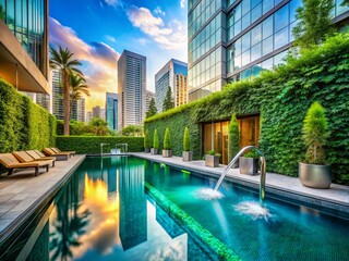 Stunning Outdoor Swimming Pool with Elegant Descent and Sleek Chrome Faucet Surrounded by Lush Greenery, Capturing the Essence of Urban Exploration and Modern Design Aesthetics