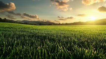 Solar panels in a lush green field during sunrise, clean energy concept, soft natural lighting