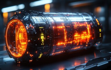Futuristic Sci-Fi Cylinder with Glowing Orange Core and Intricate Detailing.