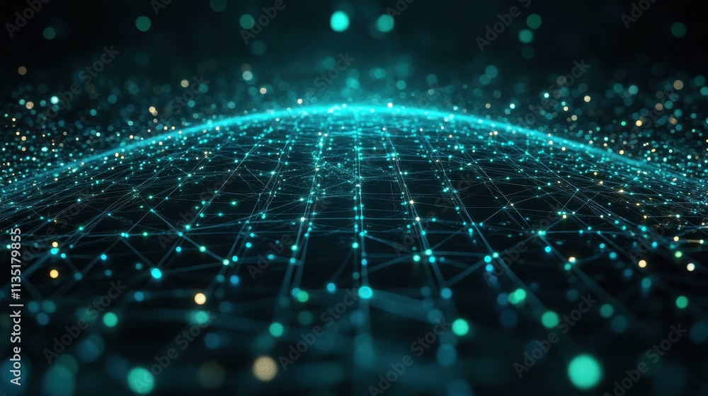 Fototapete abstract digital network connection with glowing nodes and lines on dark background.