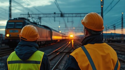 Railway workers observing a passing train during twilight with warm and blue highlights