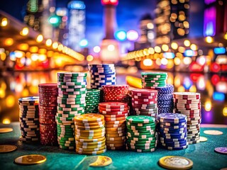 Stunning Panoramic Photography of Colorful Poker Chips Stacked on a Casino Table, Capturing the Excitement and Strategy of Card Games in a Vibrant Atmosphere