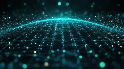 Abstract Digital Network Connection with Glowing Nodes and Lines on Dark Background.