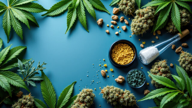Cannabis plant extracts including THCa crystals, terpenes, and kief on a vibrant blue surface with fresh cannabis leaves and buds for display.