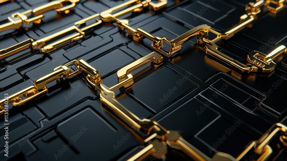 Poster golden blockchain links glowing on a dark background, digital security concept, futuristic design