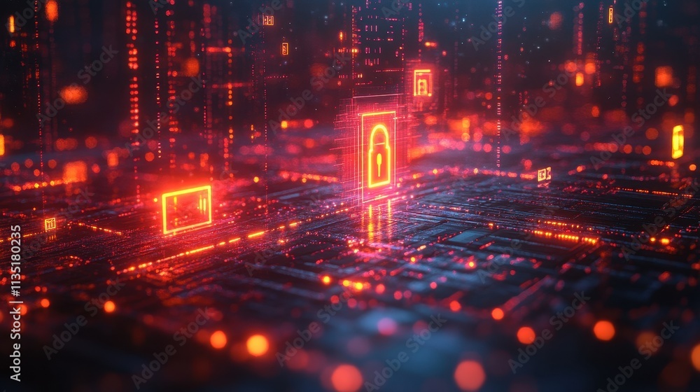 Poster futuristic abstract data network with glowing red lock symbol and circuit board texture, representin