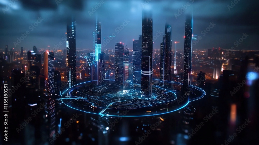Aufkleber engineers using holographic interfaces to plan a smart city project under dynamic lighting