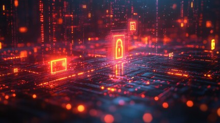 Futuristic Abstract Data Network with Glowing Red Lock Symbol and Circuit Board Texture, representing Cybersecurity and Data Protection.