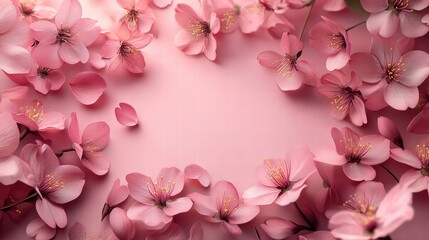 Delicate Pink Cherry Blossom Flowers Frame on Soft Pink Background.