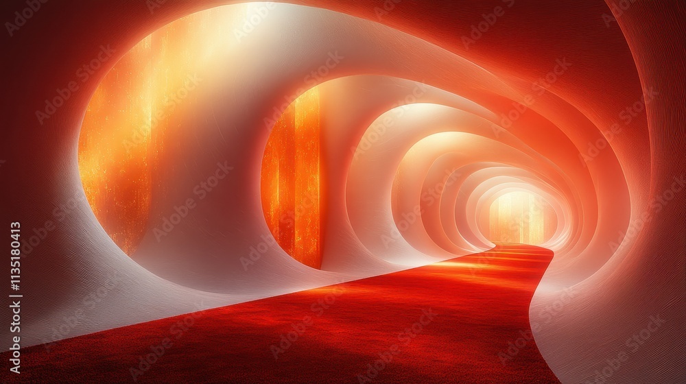 Poster abstract red and orange curved tunnel corridor with glowing walls and red carpet - futuristic archit