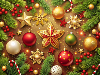 A Christmas card with a festive background. Featuring perfect for New Year symbols and decorations.