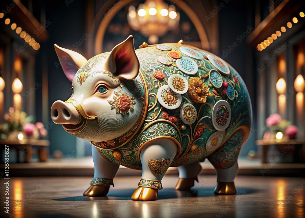 Poster stunning porcelain pig created with generative ai technology showcasing artistic precision and uniqu