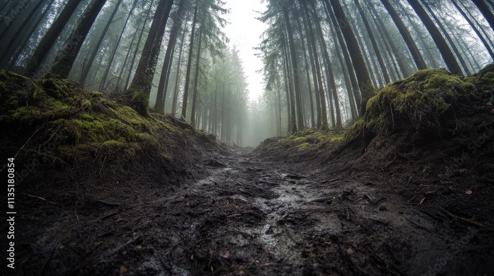 Poster a fog-filled forest with towering trees and a moss-covered ground creates a mystical and serene atmo