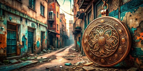 Fototapeta premium Stunning Pixel Illustration of a Detailed Copper Medal Showcasing Intricate Designs and Unique Textures, Perfect for Urban Exploration Photography Enthusiasts and Collectors