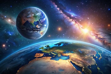 Obraz premium Stunning Portrait of a 3D Earth Planet Surrounded by a Glowing Moon in Space, Capturing the Beauty of Our Solar System’s Celestial Bodies, Perfect for Educational and Artistic Uses