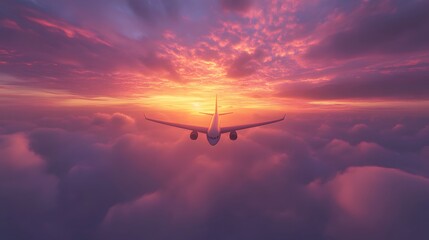 Airplane Soaring Above Clouds During a Vibrant Sunset