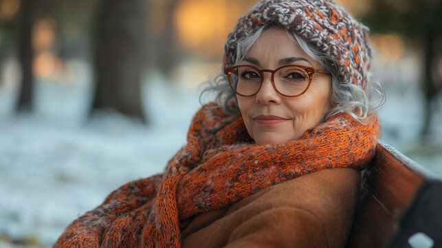Older woman dressed warmly enjoying a peaceful afternoon on a park bench surrounded by nature in autumn
