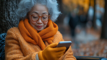 Older woman enjoying a leisurely moment in a park during autumn, dressed warmly and using her smartphone