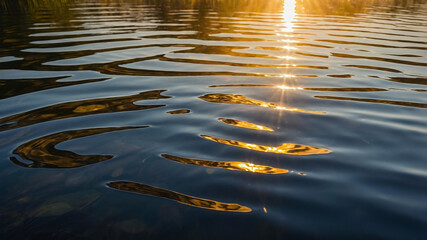 Tranquil sunset reflections on rippling water during sunset. Gentle waves move across the lake's surface, catching the light