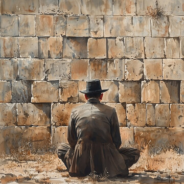 Watercolor sketch of a Hassidic man deep in contemplation at a historic stone Western wall