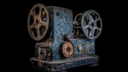 Fototapeta premium Vintage antique movie projector, showing wear and tear, on a dark background.