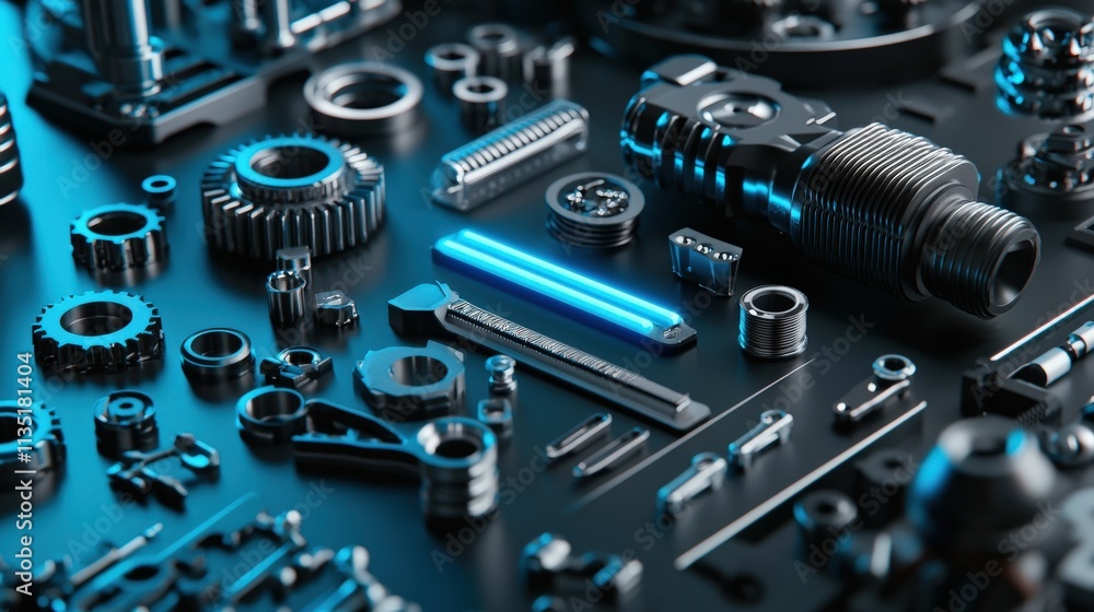 Poster engine parts arranged neatly on a workbench with blue neon light emphasis