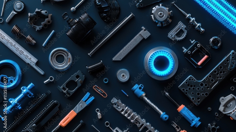 Poster engine parts arranged neatly on a workbench with blue neon light emphasis
