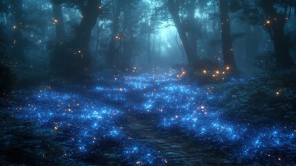 Enchanted Forest Path with Glowing Bioluminescent Flora at Night, Mystical Woodland Scene.