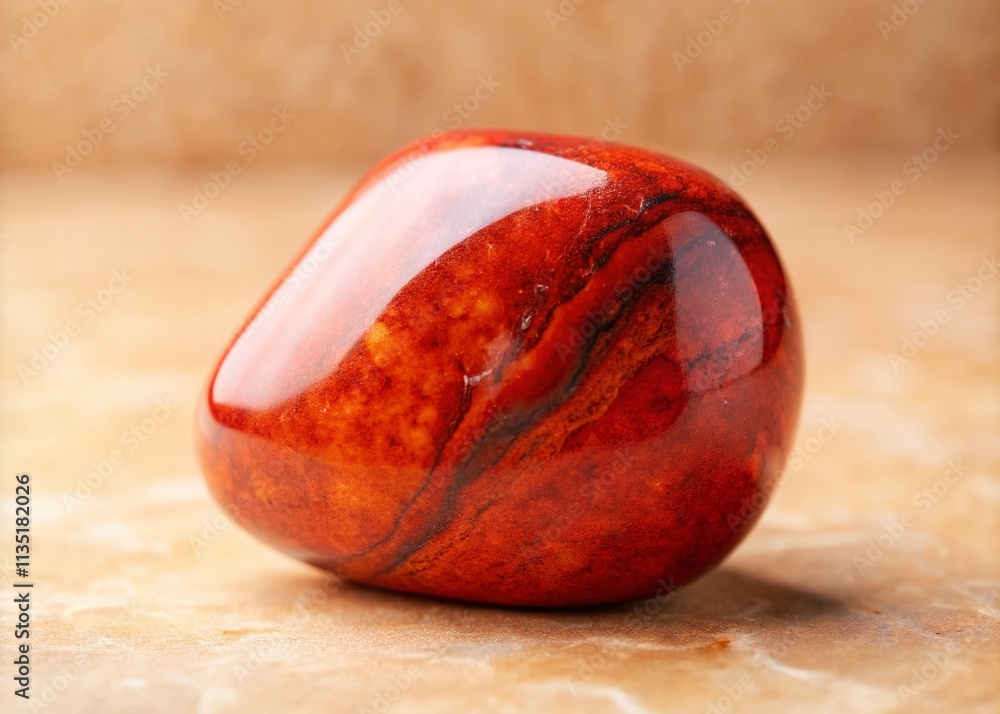 Poster Stunning Red Jasper Stone with Smooth Polished Surface Displayed on a Natural Background with Ample Copy Space for Text or Branding Purposes
