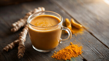 Turmeric Coffee in Glass Mug on Rustic Table