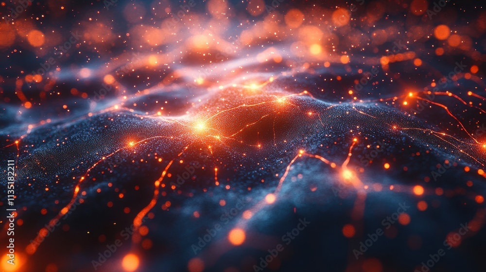Poster abstract glowing network a dynamic digital data landscape with orange light nodes on wavy blue textu