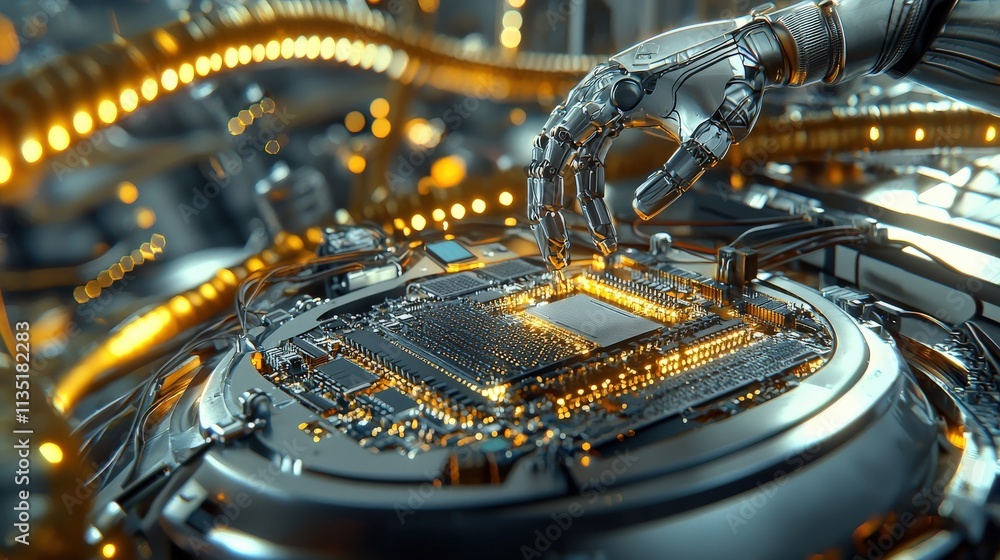 Poster close-up of a robotic arm assembling microchips, futuristic factory setting, soft focus on the backg