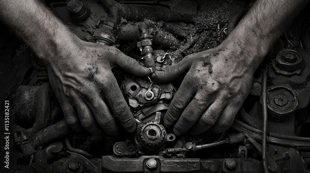 Poster close-up of a mechanic hands repairing a car engine, fine details with sharpness enhancement