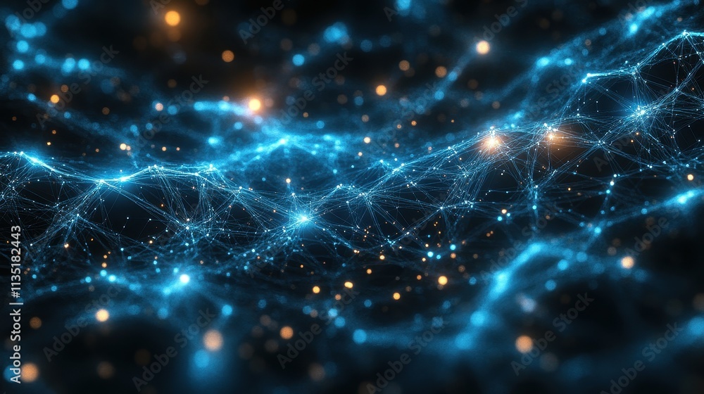 Poster abstract blue and orange network connection futuristic digital background with glowing nodes and lin