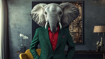 Elephant in Green Suit and Red Shirt. AI generated illustration