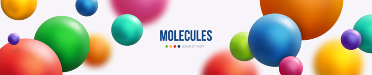 Colorful flying spheres banner. Science colorful 3d molecules on white background. Vector illustration. Design layout business presentation, medical flyer, poster. Molecule spherical particles vitamin