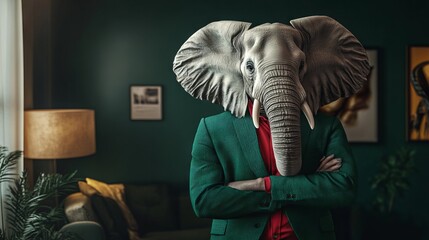 Elephant in Green Suit and Red Shirt. AI generated illustration