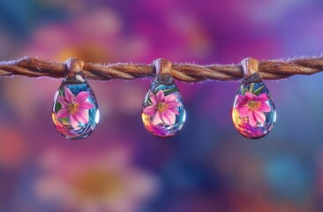 Dew Drops with Pink Flowers on Olive Branch. AI generated illustration