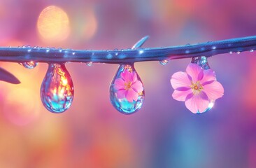 Dew Drops with Pink Flowers on Olive Branch. AI generated illustration