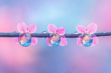 Dew Drops with Pink Flowers on Olive Branch. AI generated illustration
